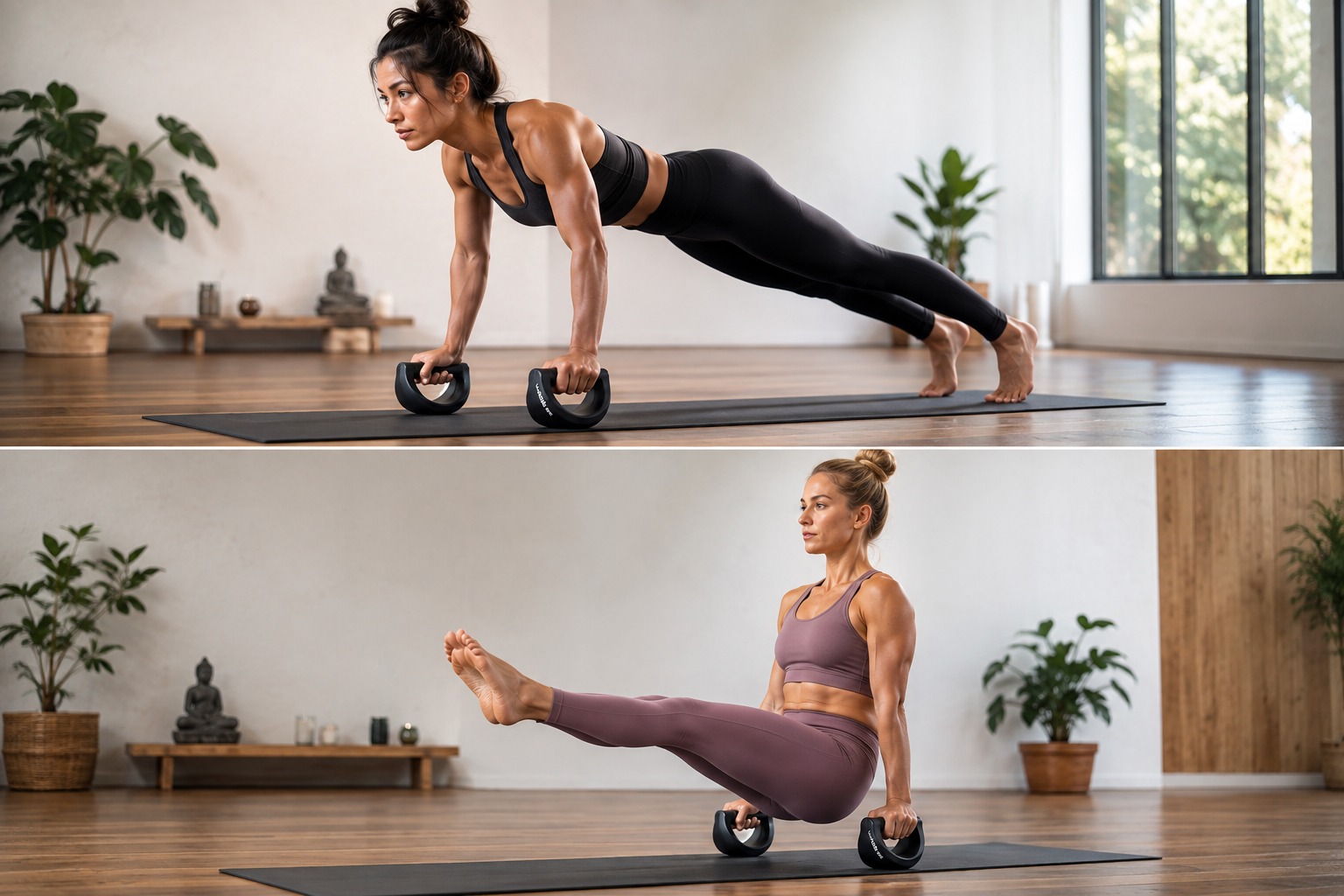 Yoga practitioners using WobbleArc for plank and L-sit style support work